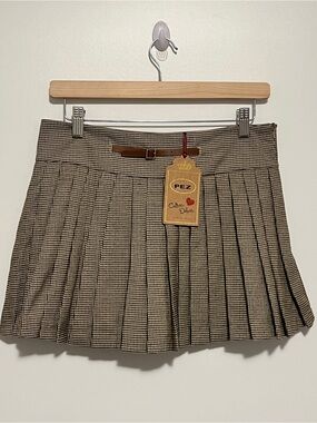 NWT Pez Culture Deluxe Houndstooth Plaid Pleated Mini Skirt with Belt